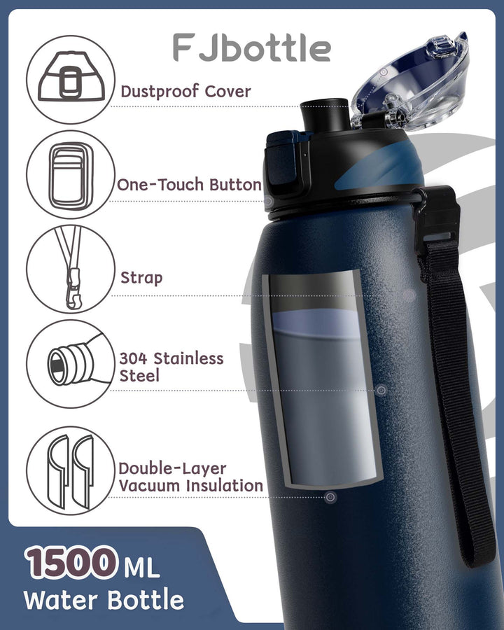 Bouteille d'eau thermos en acier inoxydable de 1 500 ml, bouteille de boisson gazeuse 