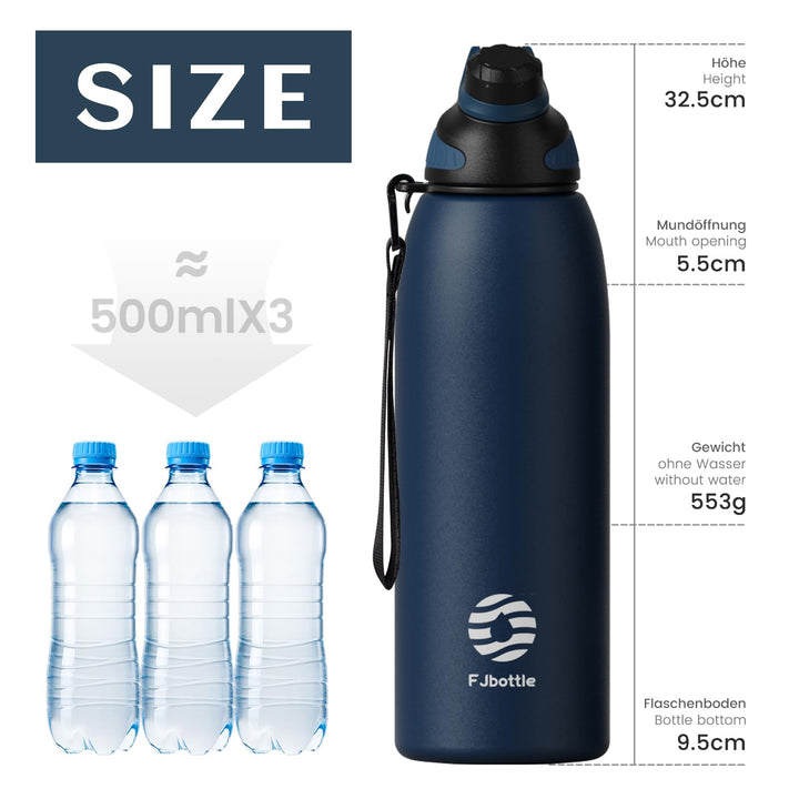 Bouteille de sport en acier inoxydable de 1 500 ml avec couvercle magnétique, bouteille d'eau isotherme, bleu 