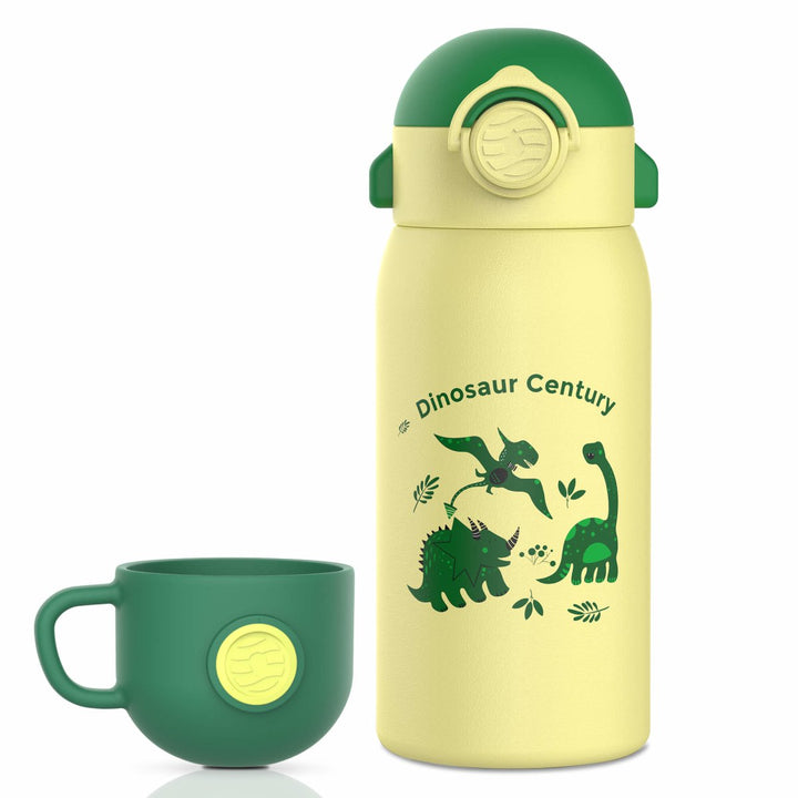 Clearance sale, 600ml stainless steel drinking bottle for children with straw and double lid, white dinosaur