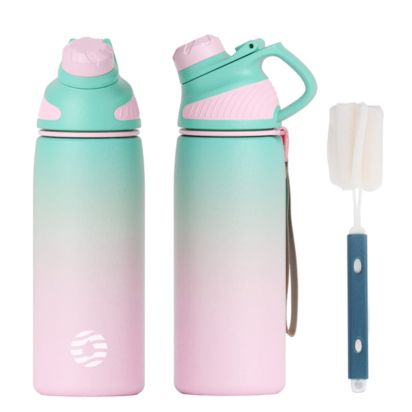 600ml Bouteille d'eau isotherme avec couvercle magnétique, bouteille de sport à double paroi sans BPA, convient aux boissons gazeuses, Dégradé vert rose