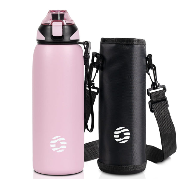 Bouteille d'eau isotherme en acier inoxydable de 800 ml avec sac de transport, bouteille de boisson gazeuse, rose