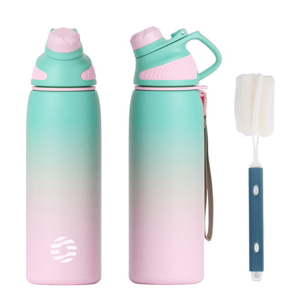 800ml Bouteille d'eau isotherme avec couvercle magnétique, bouteille de sport à double paroi sans BPA, convient aux boissons gazeuses, Dégradé vert rose