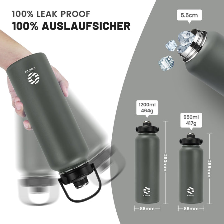 1200ml Thermoskanne Trinkflasche aus Edelstahl mit Strohhalm, 2xDeckeln, Kohlensäure geeignet Wasserflasche