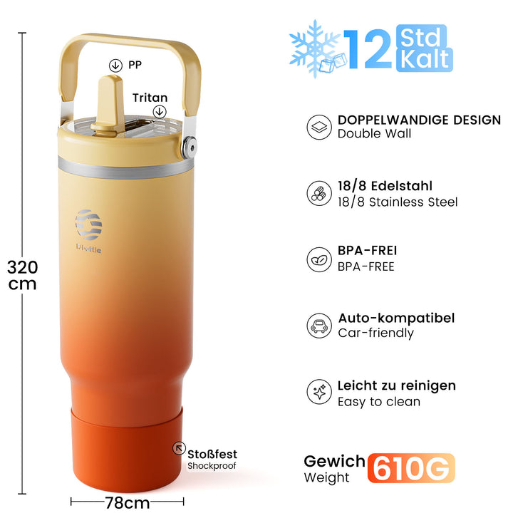 1200ml Thermoskanne Trinkflasche aus Edelstahl mit Strohhalm, 2xDeckeln, Kohlensäure geeignet Wasserflasche, Blau (Copy)