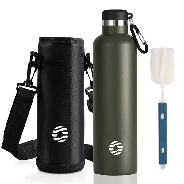 1000ml thermos flask drinking bottle stainless steel with carabiner, suitable for carbonated water bottle, dark green 