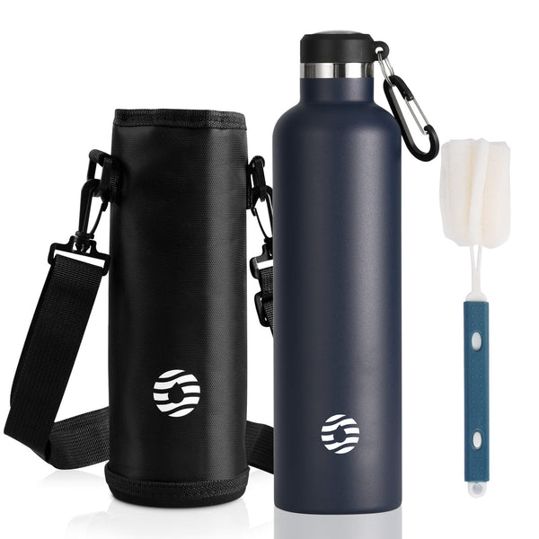 1000ml Thermos Flask Stainless Steel with Carabiner, Carbonated Water Bottle, Blue 