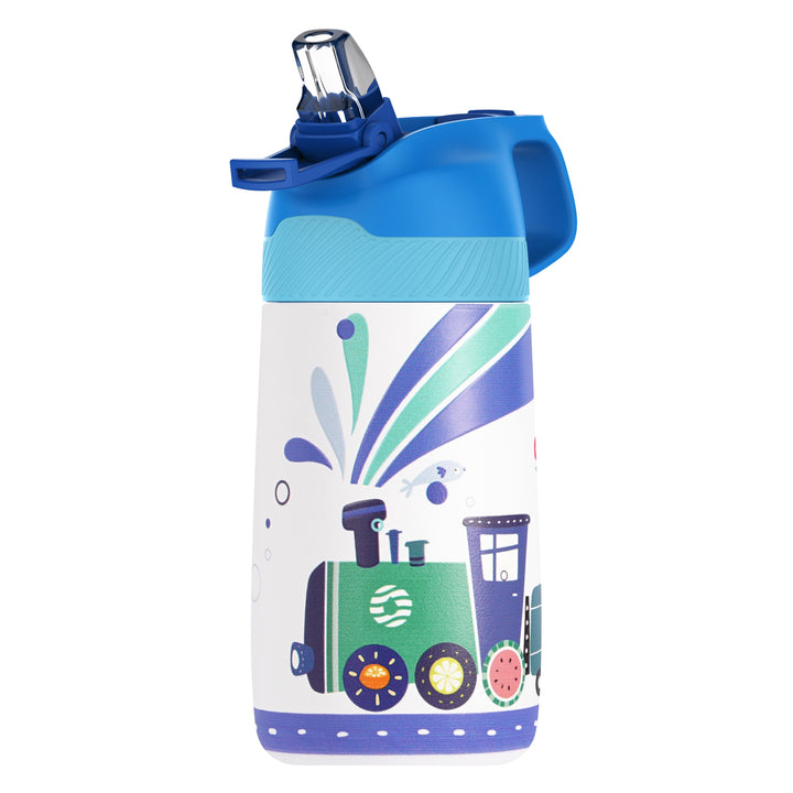 Gourde Isotherme Enfant avec paille 350ml, Étanche, Train Blanc