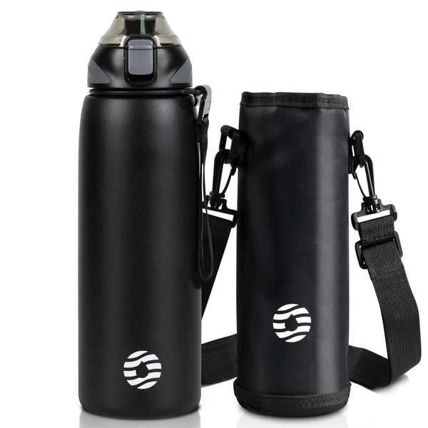 800ml stainless steel thermos water bottle with carrying bag, carbonated drink bottle, black