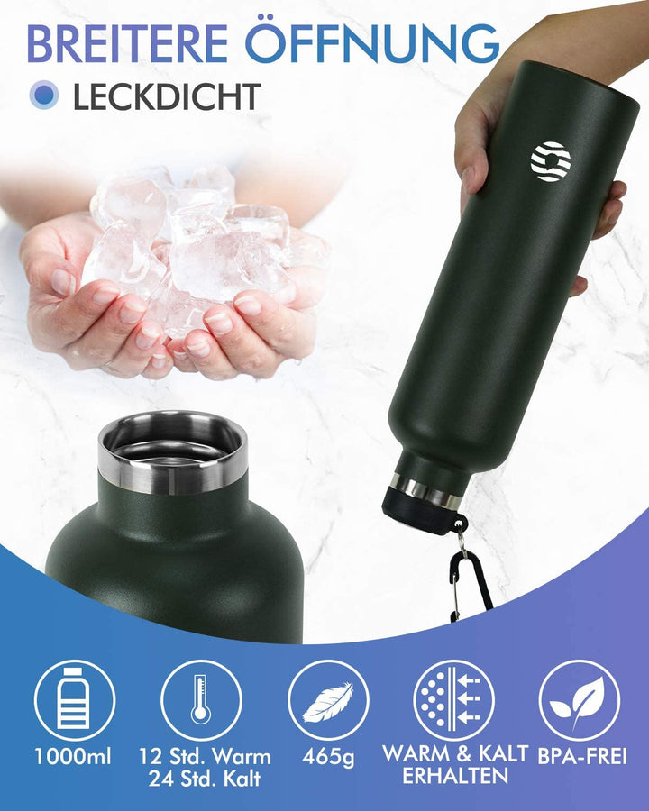 Double Großer Öffnung Thermoskanne 1000ml, Mit Stofftasche, Dunkelgrün