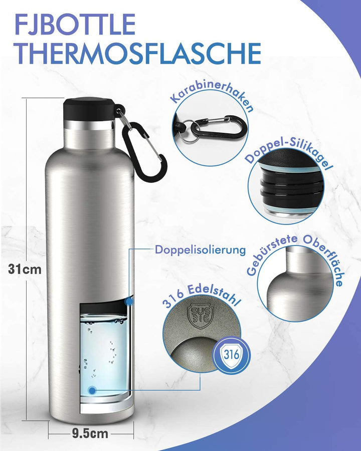 Double Großer Öffnung Thermoskanne 1000ml, Mit Stofftasche, Silber - FJBottle