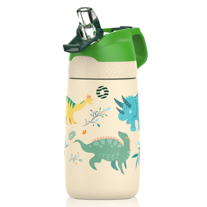 Kinder Edelstahl Trinkflasche 350ml mit Strohhalm & Becher bürste, Wilder Dinosaurier - FJBottle-German