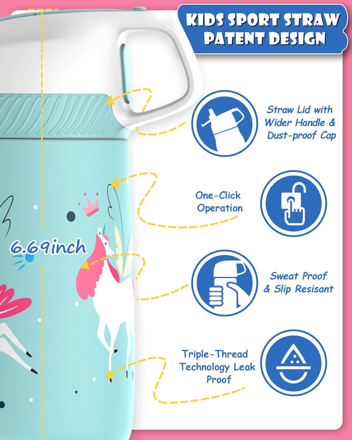 Kinder Edelstahl Trinkflasche 350ml mit Strohhalm & Becher bürste, Winter Einhörner - FJBottle