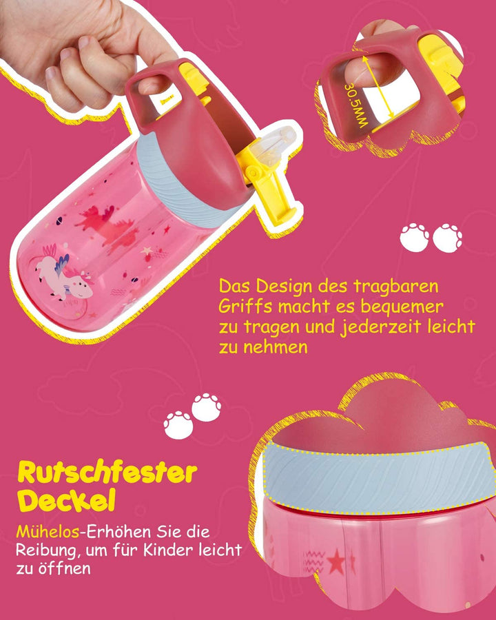 Kinder Trinkflasche mit Strohhalm 450ml, mit Strohhalm,Pink - FJBottle