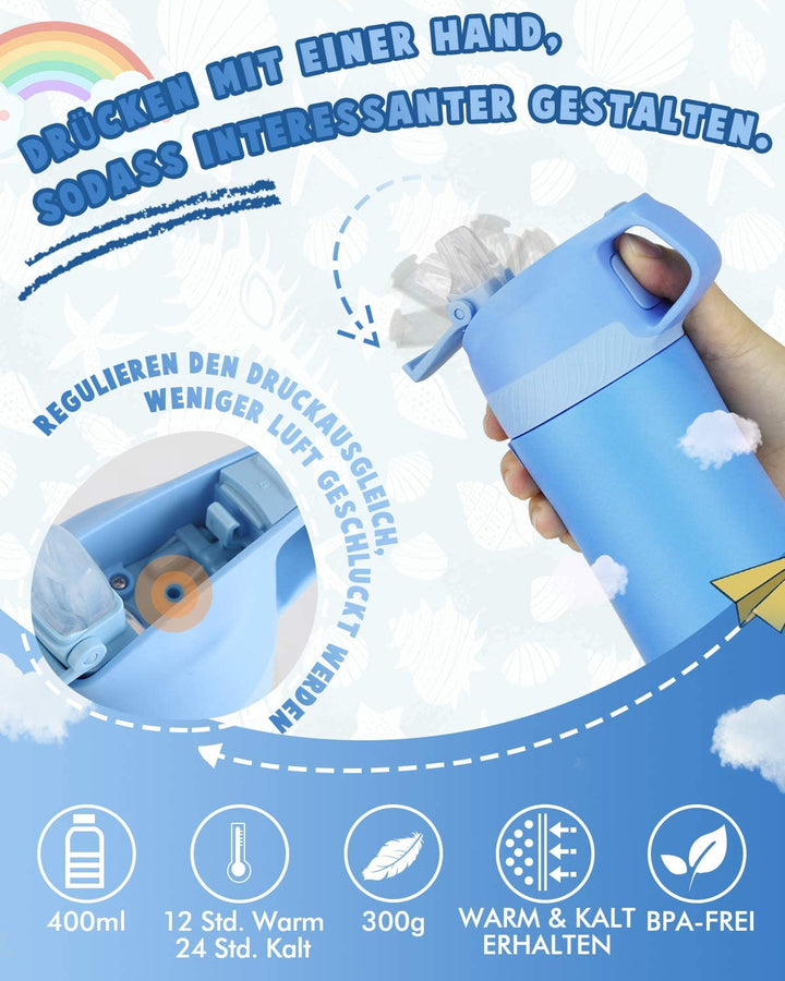 Vakuum Isolierte Trinkflasche für Kinder 400ml mit Strohhalm-blau - FJBottle